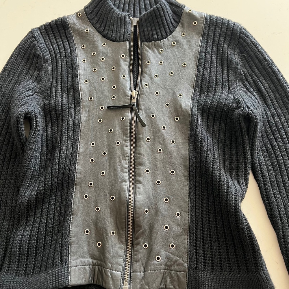 Lucidity Black Wool Blend Grommet Leather Front Zip Ribbed Cardigan Sweater M - Picture 2 of 7